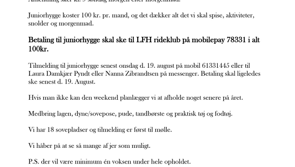Lukket for tilmeldning - Juniorhygge på LFH d. 22.-23. august 2020 -